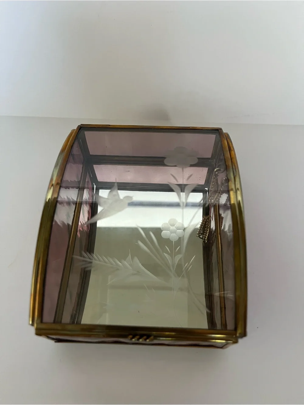 Vintage Brass Trinket Jewelry Box Etched Floral Purple Glass Curved Lid Romantic